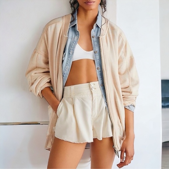 FREE PEOPLE Robby Bomber Zip Up Sweatshirt Jacket in Nomadic Desert - Picture 1 of 10